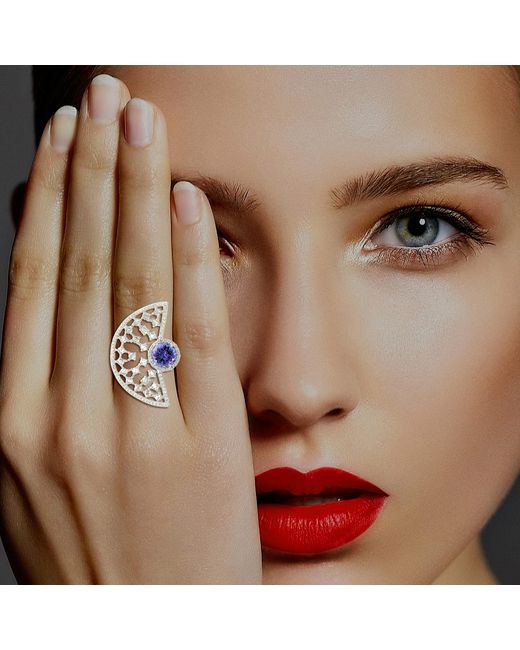 Artisan Metallic Natural Tanzanite Designer Cocktail Ring 18k White Gold