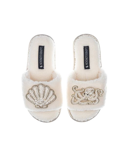 Laines London White Teddy Toweling Slipper Sliders With Beaded Shell & Octopus Brooches