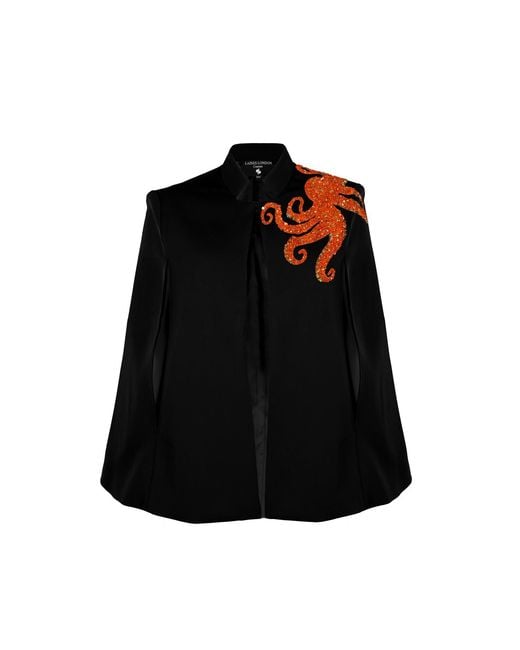 House of Laines London Black Laines Couture Tailored Cape With Embellished Octopus
