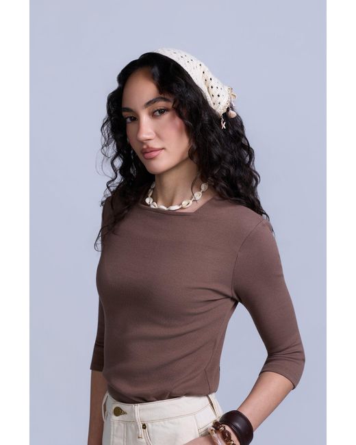 Rave on Trend Brown Square Neck Ribbed Tee