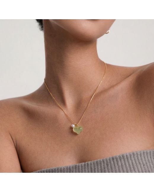 seree Metallic Puffed Heart Jade & Pearl Pendant Necklace