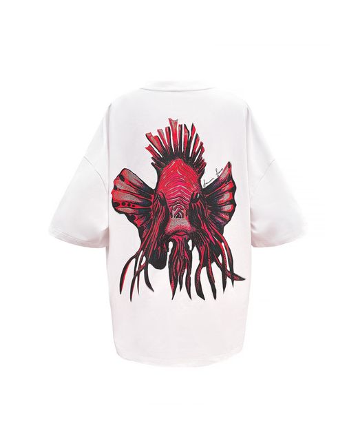 Janara Jones Red Uncle Choi Print Oversized Off- Cotton T-Shirt