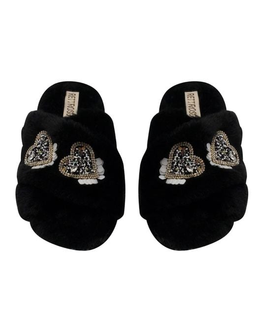Rettrose Black Katie Luxury Plush Diamanté Heart Embellished Handmade Slipper
