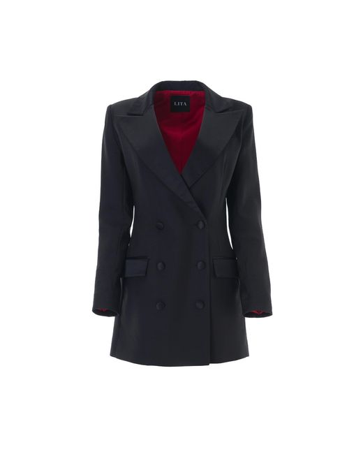 Lita Couture Blue Tuxedo Wool & Silk Blend Dress