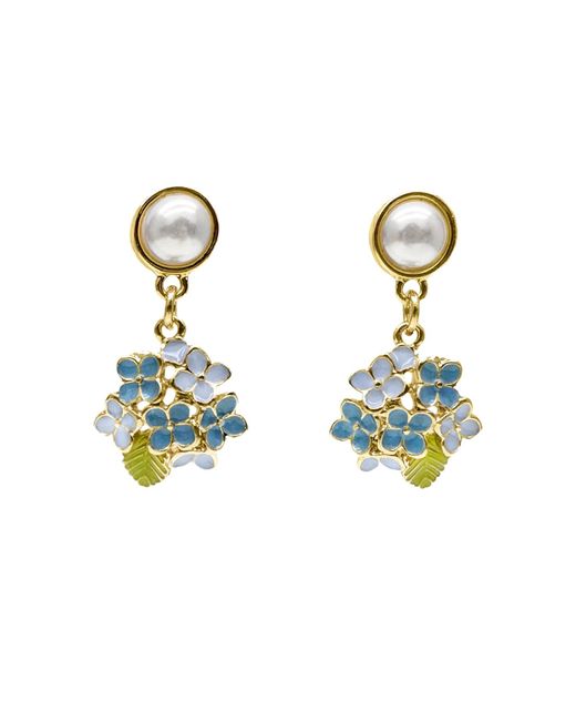 Farra Blue Flower Dangle With Pearls Stud Earrings
