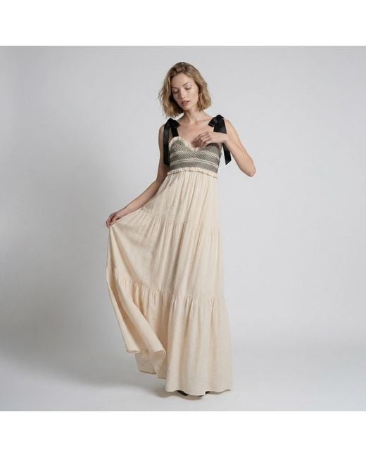 Modenaire Natural Neutrals Lace Trim Maxi Dress Smocked Form