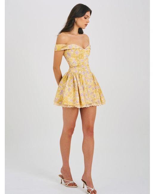 Miss Circle New York Yellow Oana Floral Print Linen Collared Off Shoulder Mini Dress