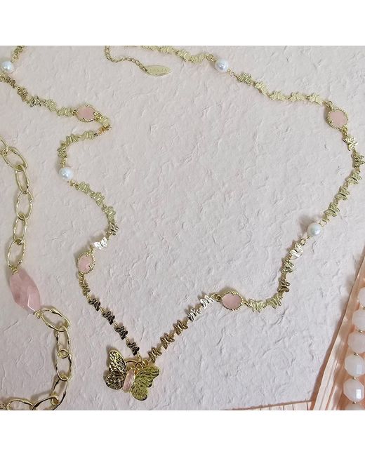 Farra Metallic Butterfly Pendant With Rose Quartz Stones Long Necklace