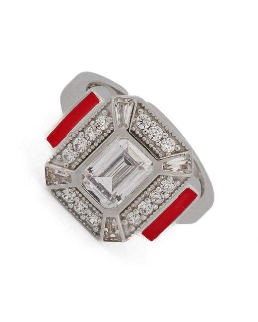 Ebru Jewelry White Sterling Silver Pave Diamond & Red Enamel Ring