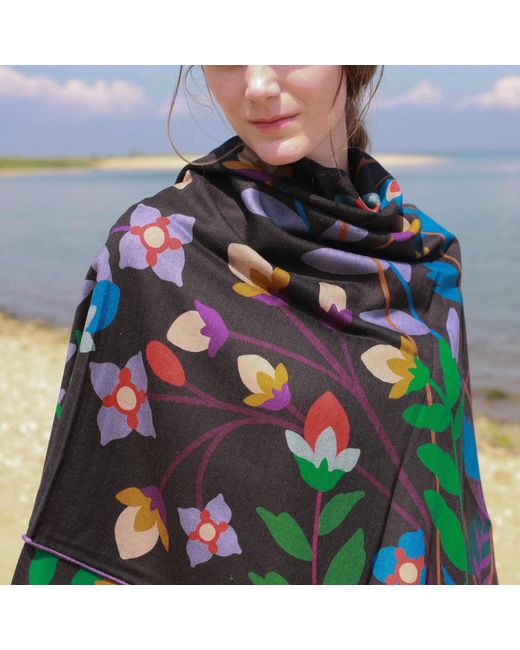 Jessie Zhao New York Black Double Sided Wool Silk Shawl Of Night Garden