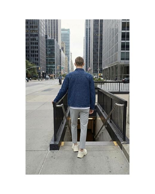 Modenaire Blue Textured Zip Jacket With Point Collar Tonal Pattern for men