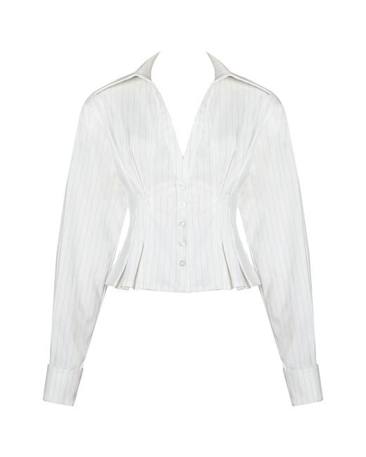 Miss Circle New York White Sylvia Pinstripe Deep V Pleated Shirt