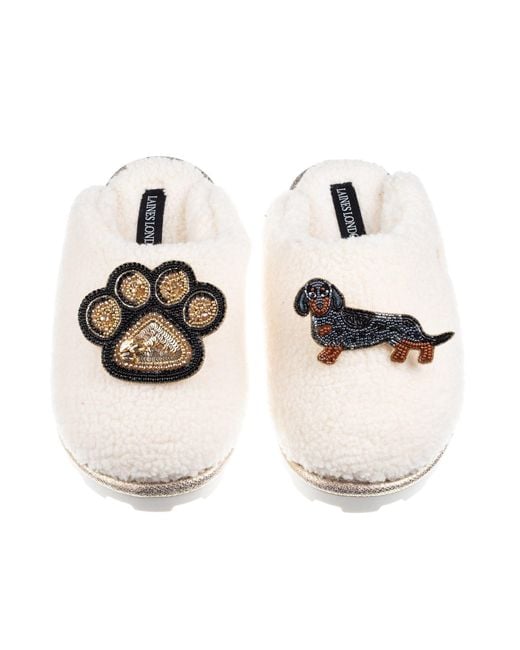 Laines London Natural Neutrals Teddy Closed Toe Slippers With Paw & Dapple Dachshund Brooches