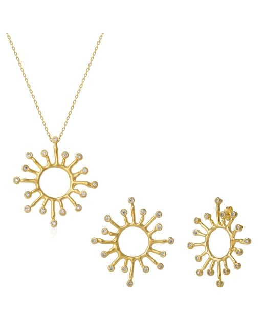Spero London Metallic Sun Sunburst Large Textured Molten Sterling Earring & Necklace Set