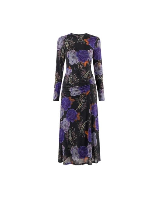 John Abgin Blue Floral Mesh Gathered Midi Dress