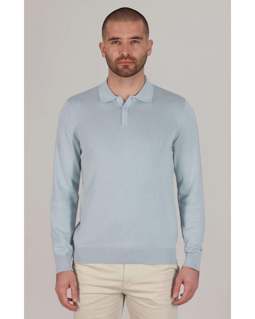 Paul James Knitwear Blue Lightweight Cotton Hall Long Sleeve Knitted Polo Shirt for men