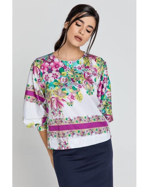 Conquista Multicolor Floral Print Top With Bishop Sleeves
