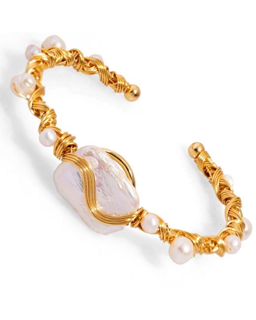Ebru Jewelry Metallic Cleopatra Twisted Design Pearl & Cuff Bracelet