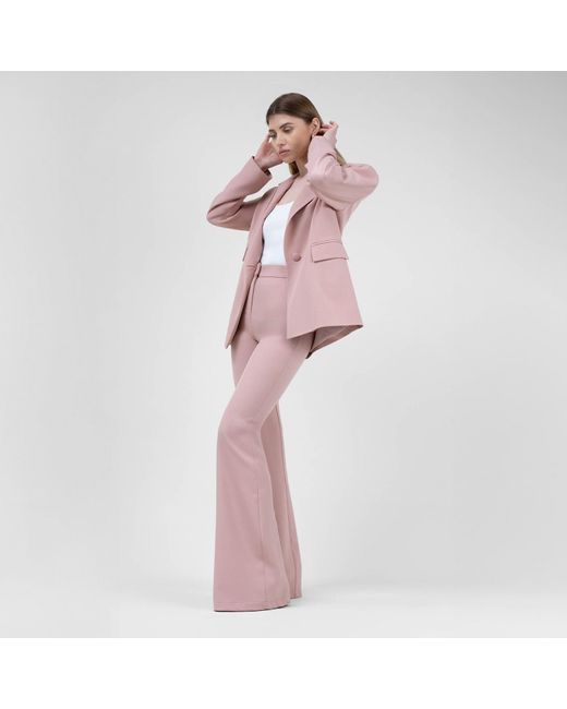 BLUZAT Pastel Pink Suit With Regular Blazer With Double Pocket And Flared Trousers