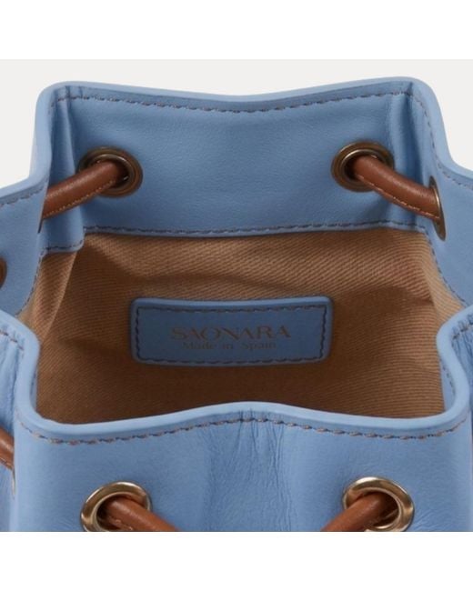 Saonara Brand Blue Mini Bucket Bag Sky Caramel Leather