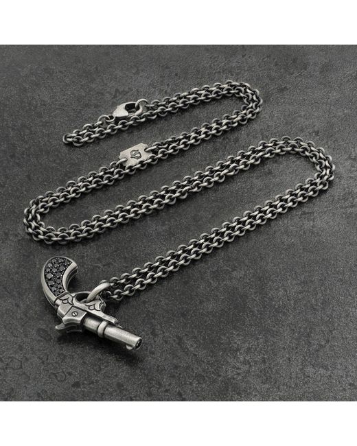Snake Bones Metallic Gun Pendant In Sterling Silver With Black Diamonds for men