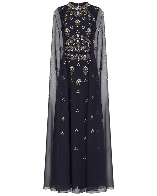 Frock and Frill Blue Zarna Embellished Maxi Dress With Cape Sleeves