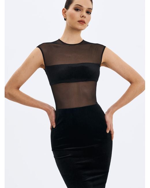 Miss Circle New York Black Quielle Mesh & Velvet Midi Bodycon Dress