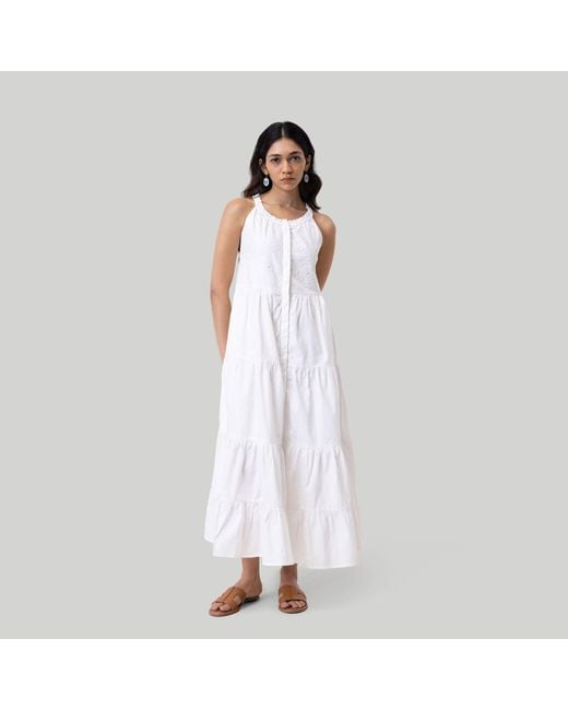 REISTOR White Sleeveless Embroidered Tiered Maxi Dress