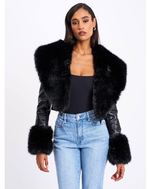 Miss Circle New York Black Ziah Cropped Leather Jacket With Fur Collar