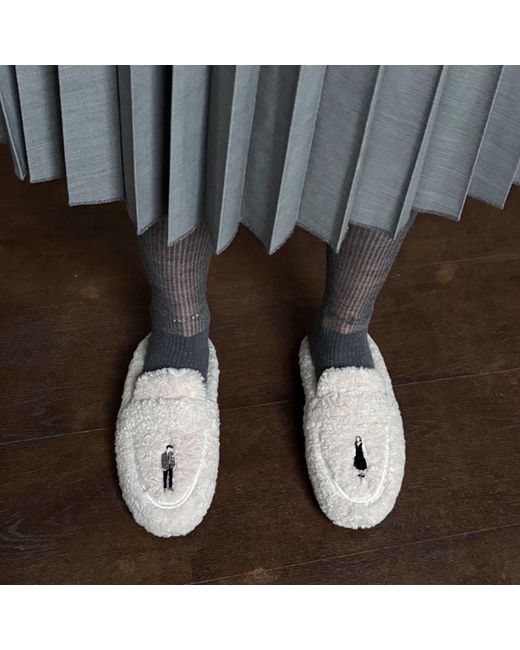London Atelier Byproduct Blue Neutrals Shearling Mules With Embroidery Patches