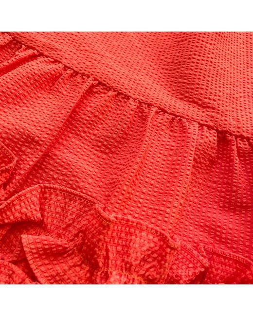 Arto. Red Summer Cotton Textural Smocking Midi Skirt