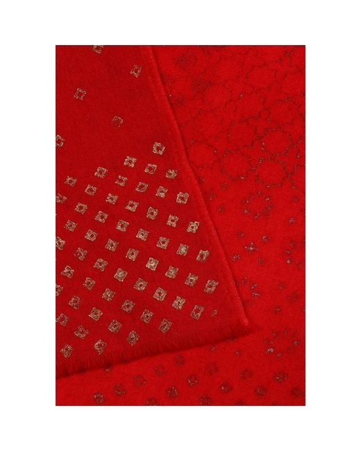 Heritagemoda Red Handwoven Wool Scarf With Metallic Block Print