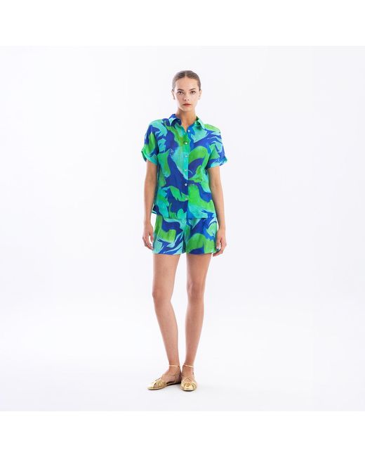 Haris Cotton Green Printed Linen Shorts With Front Pleats Lagoon