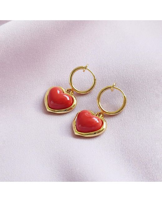 POPORCELAIN Red Porcelain Heart Clip-On Hoop Earrings