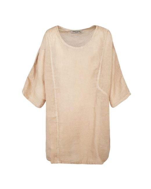 Haris Cotton Natural Neutrals Front Pocket Curve Linen Gauze Blouse With Batwing Sleeve Beach Sand