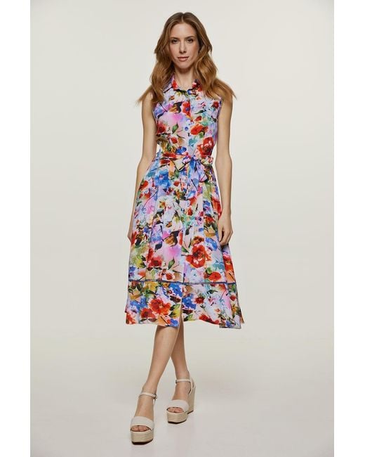 Conquista Blue Floral Sleeveless Dress With Belt