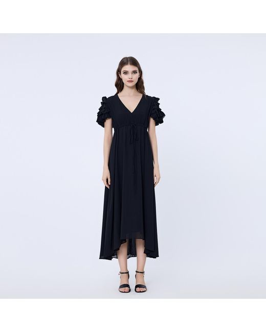 Smart and Joy Black Tiered Frills Shoulder Long Dress
