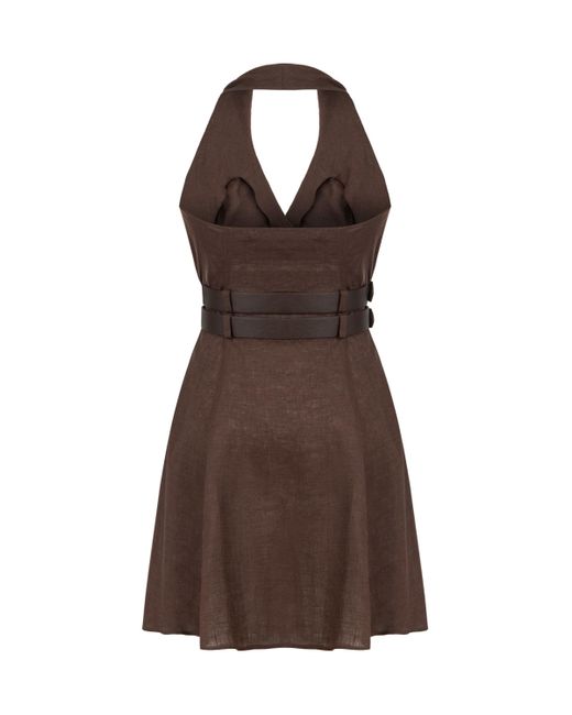 Nocturne Brown Double Belt Detailed Mini Dress