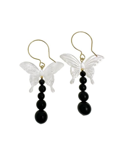 Farra White Butterfly Shell With Obsidian Statement Earrings