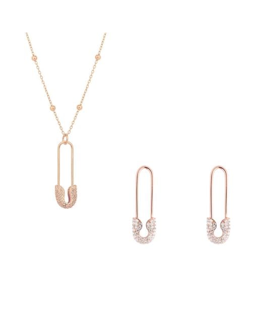 Spero London Metallic Sterling Jewelled Safety Pin Necklace With Beaded Chain & Earring Set