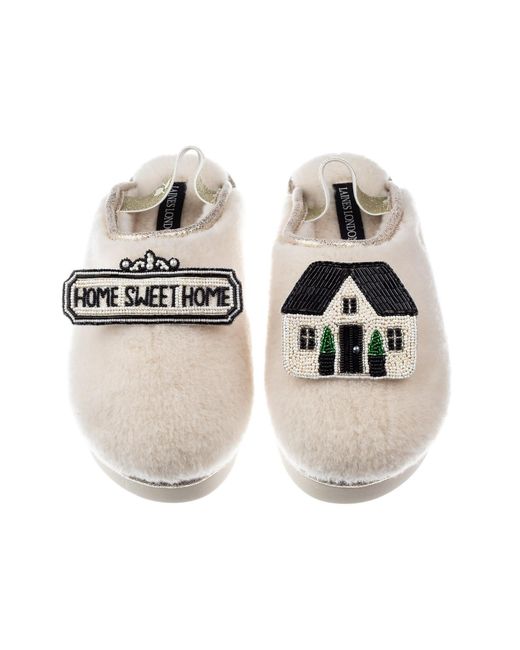 Laines London White Flatform Cloud Slippers With Home Sweet Home Brooches