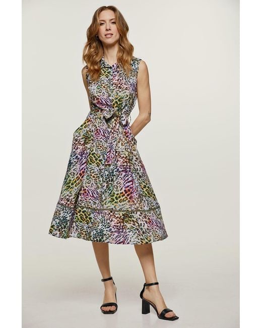 Conquista Green Animal Print Sleeveless Dress With Belt