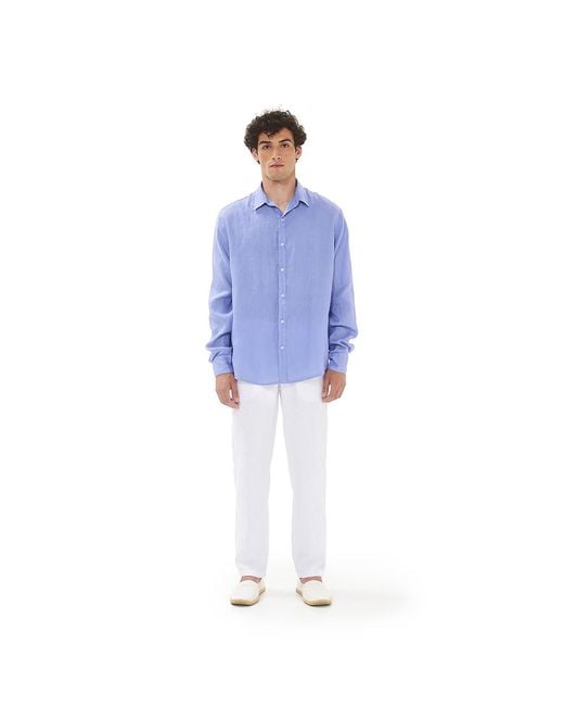 Haris Cotton Blue Linen Basic Long-Sleeved Shirt- Marine for men