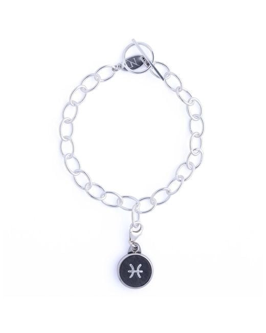N'damus London White Pisces Zodiac Sterling & Leather Curb Bracelet