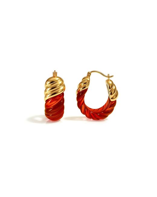 Gold & Honey Red Ruby Rope Shrimp Lucite Birthstone Hoop Earrings