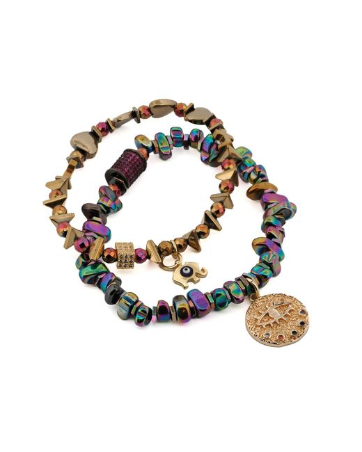 Ebru Jewelry Multicolor Hematite Stone Protective Evil Eye Lucky Elephant Bracelet Set