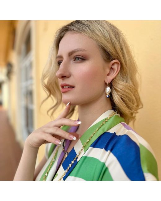 Farra White Baroque Pearls With Lapis Earrings
