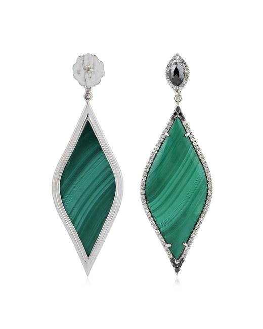 Artisan Green Natural Malachite Dangle Earrings 18k White Gold Diamond