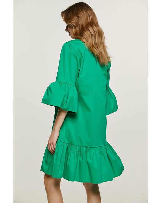 Conquista Green Bell Sleeve Dress With Ruffle Hem