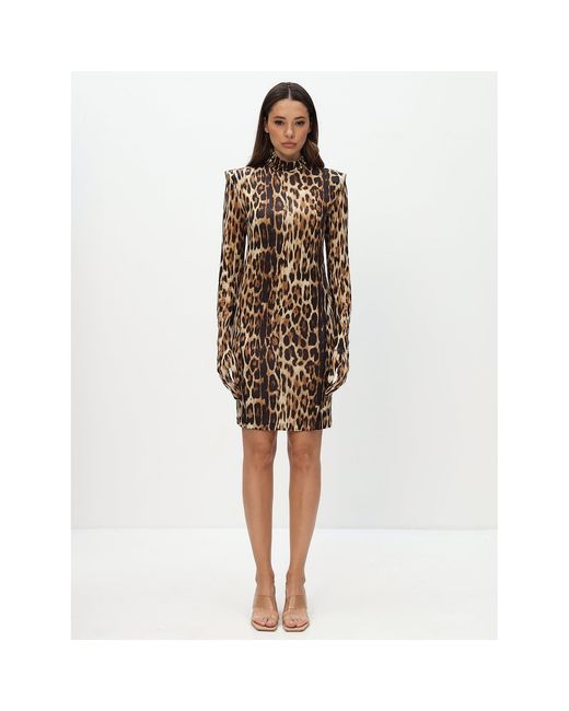 Monosuit Brown Viscose Animal Long Sleeve Turtleneck Bodycon Shoulder Pad Party Futuristic Mini Dress With Gloves